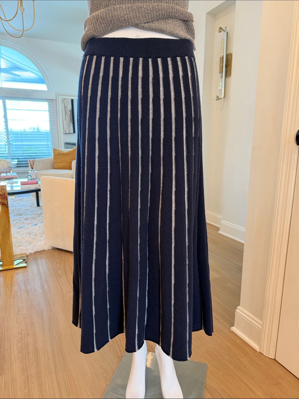 Pure Collection Navy and Cream Striped Knit Midi Skirt - Picture 3 of 8